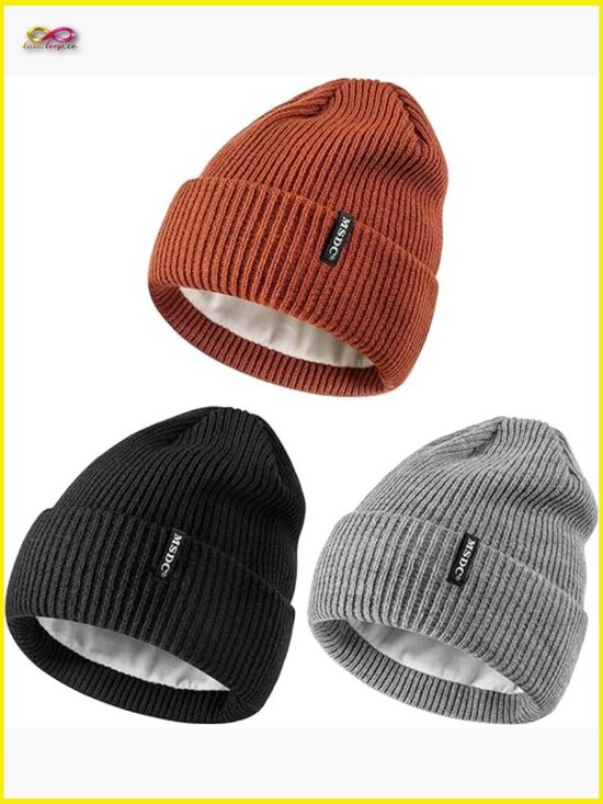3-Pack Fleece Lined Knit Beanies Unisex Stretchy Winter Beanie Skull Cap